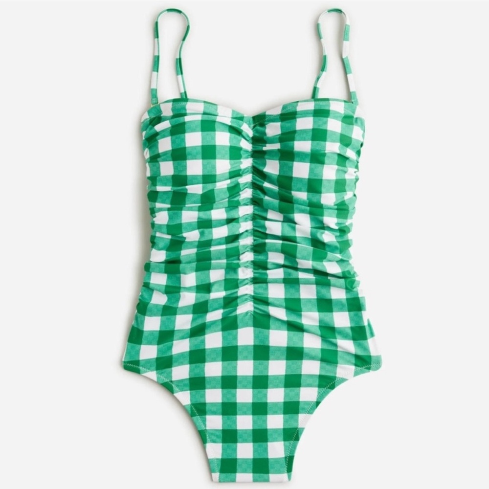 J. Crew Green and White Checkered One-Piece Swimsuit